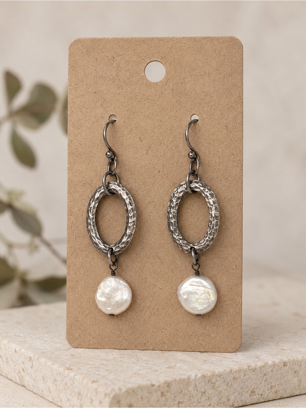 Retired Silpada Hammered Oval Hoop Drop Earrings with Pearl Disc - White/Silver